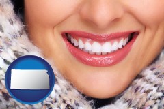 kansas map icon and beautiful white teeth forming a beautiful smile
