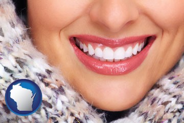beautiful white teeth forming a beautiful smile - with Wisconsin icon