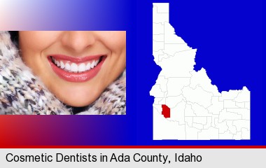 beautiful white teeth forming a beautiful smile; Ada County highlighted in red on a map