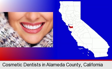 beautiful white teeth forming a beautiful smile; Alameda County highlighted in red on a map