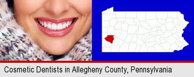 beautiful white teeth forming a beautiful smile; Allegheny County highlighted in red on a map