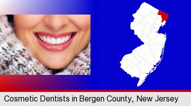 beautiful white teeth forming a beautiful smile; Bergen County highlighted in red on a map