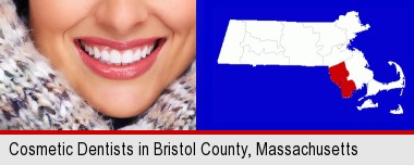 beautiful white teeth forming a beautiful smile; Bristol County highlighted in red on a map