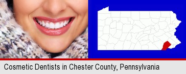 beautiful white teeth forming a beautiful smile; Chester County highlighted in red on a map