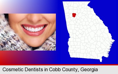 beautiful white teeth forming a beautiful smile; Cobb County highlighted in red on a map