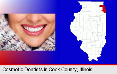 beautiful white teeth forming a beautiful smile; Cook County highlighted in red on a map