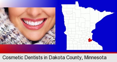 beautiful white teeth forming a beautiful smile; Dakota County highlighted in red on a map