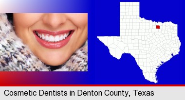 beautiful white teeth forming a beautiful smile; Denton County highlighted in red on a map