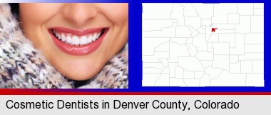 beautiful white teeth forming a beautiful smile; Denver County highlighted in red on a map