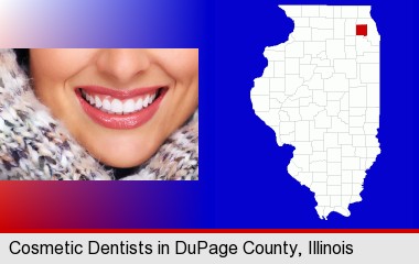 beautiful white teeth forming a beautiful smile; DuPage County highlighted in red on a map
