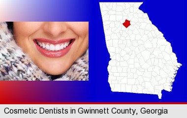 beautiful white teeth forming a beautiful smile; Gwinnett County highlighted in red on a map