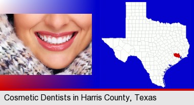 beautiful white teeth forming a beautiful smile; Harris County highlighted in red on a map