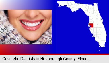 beautiful white teeth forming a beautiful smile; Hillsborough County highlighted in red on a map