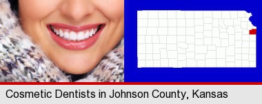 beautiful white teeth forming a beautiful smile; Johnson County highlighted in red on a map