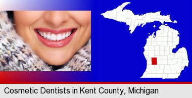 beautiful white teeth forming a beautiful smile; Kent County highlighted in red on a map
