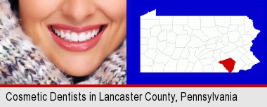 beautiful white teeth forming a beautiful smile; Lancaster County highlighted in red on a map