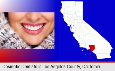 beautiful white teeth forming a beautiful smile; Los Angeles County highlighted in red on a map