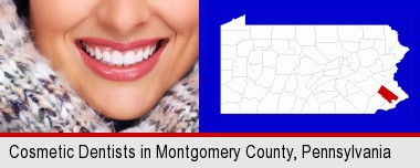 beautiful white teeth forming a beautiful smile; Montgomery County highlighted in red on a map