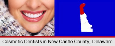 beautiful white teeth forming a beautiful smile; New Castle County highlighted in red on a map