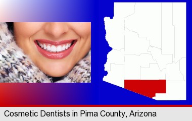 beautiful white teeth forming a beautiful smile; Pima County highlighted in red on a map