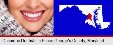 beautiful white teeth forming a beautiful smile; Prince George's County highlighted in red on a map