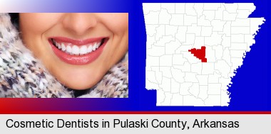 beautiful white teeth forming a beautiful smile; Pulaski County highlighted in red on a map