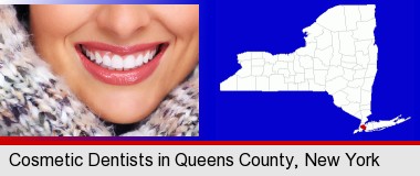 beautiful white teeth forming a beautiful smile; Queens County highlighted in red on a map
