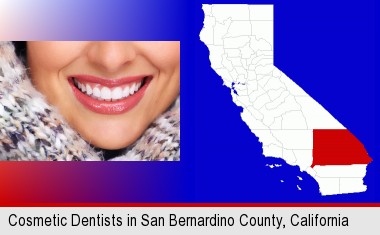 beautiful white teeth forming a beautiful smile; San Bernardino County highlighted in red on a map