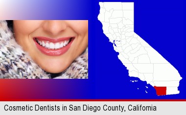 beautiful white teeth forming a beautiful smile; San Diego County highlighted in red on a map