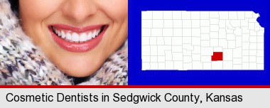 beautiful white teeth forming a beautiful smile; Sedgwick County highlighted in red on a map