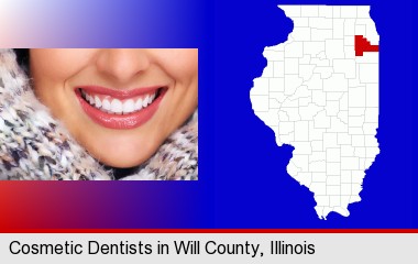beautiful white teeth forming a beautiful smile; Will County highlighted in red on a map