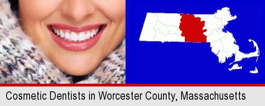 beautiful white teeth forming a beautiful smile; Worcester County highlighted in red on a map