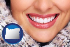 beautiful white teeth forming a beautiful smile - with OR icon
