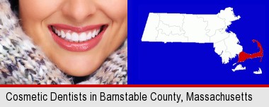 beautiful white teeth forming a beautiful smile; Barnstable County highlighted in red on a map