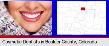 beautiful white teeth forming a beautiful smile; Boulder County highlighted in red on a map