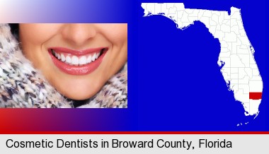 beautiful white teeth forming a beautiful smile; Broward County highlighted in red on a map