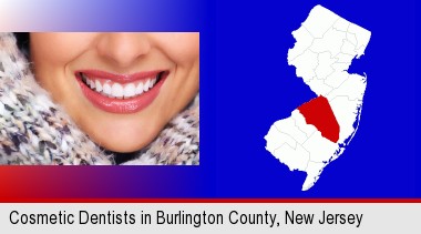beautiful white teeth forming a beautiful smile; Burlington County highlighted in red on a map