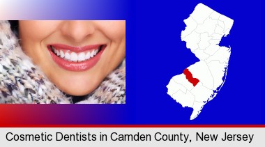 beautiful white teeth forming a beautiful smile; Camden County highlighted in red on a map
