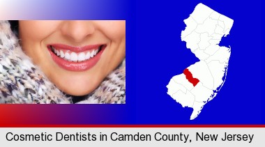 beautiful white teeth forming a beautiful smile; Camden County highlighted in red on a map