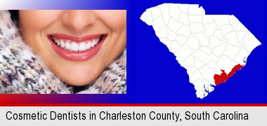 beautiful white teeth forming a beautiful smile; Charleston County highlighted in red on a map