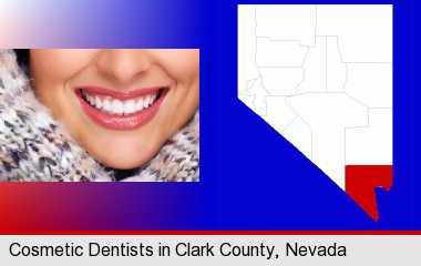 beautiful white teeth forming a beautiful smile; Clark County highlighted in red on a map