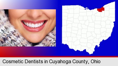 beautiful white teeth forming a beautiful smile; Cuyahoga County highlighted in red on a map