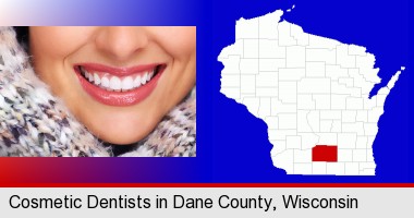 beautiful white teeth forming a beautiful smile; Dane County highlighted in red on a map