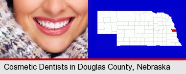 beautiful white teeth forming a beautiful smile; Douglas County highlighted in red on a map