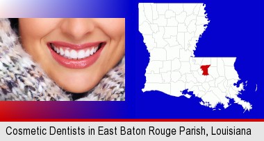 beautiful white teeth forming a beautiful smile; East Baton Rouge Parish highlighted in red on a map