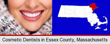 beautiful white teeth forming a beautiful smile; Essex County highlighted in red on a map