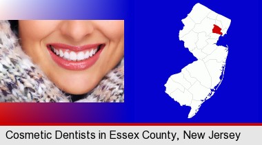 beautiful white teeth forming a beautiful smile; Essex County highlighted in red on a map