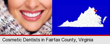 beautiful white teeth forming a beautiful smile; Fairfax County highlighted in red on a map