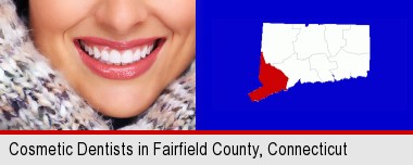 beautiful white teeth forming a beautiful smile; Fairfield County highlighted in red on a map