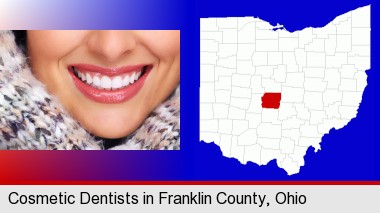 beautiful white teeth forming a beautiful smile; Franklin County highlighted in red on a map